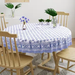 BLOCKS OF INDIA White & Blue Printed Cotton Round Table Cloth image 2