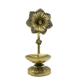 PujaNPujari Gold Toned & Brown Textured Brass Flower Design Standing Table Diya-image-57