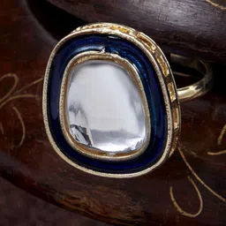 Sukkhi Gold-Plated Blue & White Kundan-Studded Meenakari Adjustable Finger Ring image 3