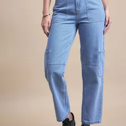 The Roadster Lifestyle Co. Women Blue Pure Cotton Mom-Fit High-Rise Clean Look Cargo Jeans image 1