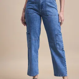 The Roadster Lifestyle Co Women Classic Mom Fit High-Rise Pure Cotton Cargo Jeans-image-7