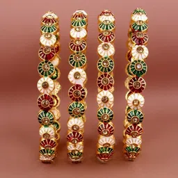 LUCKY JEWELLERY Set Of 4 18K Gold-Plated Green & Red Stone Studded Traditional Bangles image 1
