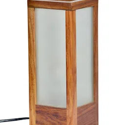 ExclusiveLane Brown 10 Inch Modern Frosted Glass Sheesham Wooden Column Table Lamp image 2