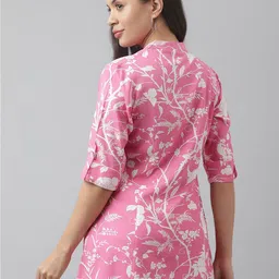 Divena Floral Print Mandarin Collar Roll-Up Sleeves A-line Shirt Style Top image 4