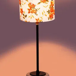 Devansh White & Orange Floral Cotton Table Lamp With Wooden Base image 4