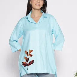 LetsDressUp Tropical Printed Shirt Collar High Low Top image 1