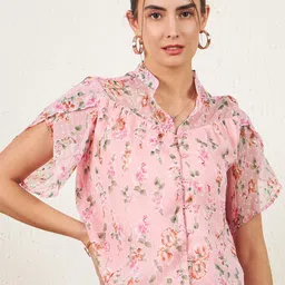 Marie Claire Floral Printed Flared Sleeve Mandarin Collar Chiffon Shirt Style Top-image-65