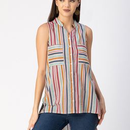 Moomaya Vertical Stripes Cotton Shirt Style Top-picture-2