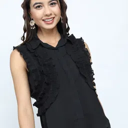 Tokyo Talkies Women Black Ruffles Shirt Style Top-picture-35