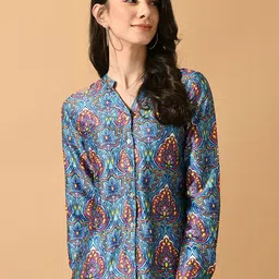 KALINI Print Mandarin Collar Ethnic Satin Shirt Style Top-image-0