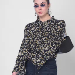 Crimsoune Club Black Floral Print Shirt Style Top-image-11