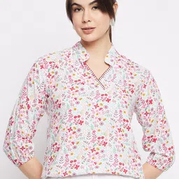 Mayra White Floral Print Band Collar Shirt Style Top-picture-12