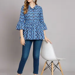 KALINI Geometric Print Bell Sleeve Cotton Peplum Top-image-51