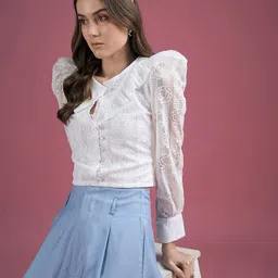 DressBerry White Self Design Puff Sleeve Ruffles Top-picture-18