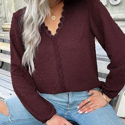 StyleCast Burgundy Self Design Cuffed Sleeves Shirt Style Top image 2