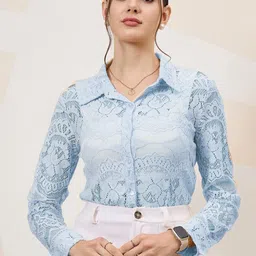 Shally Bhasin by Athena Self Design Cuffed Sleeves Lace Inserts Semi Sheer Shirt Style Top image 2