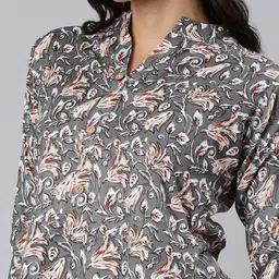 ZHEIA Floral Print Mandarin Collar Roll-Up Sleeves Shirt Style Top image 4