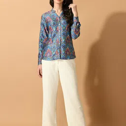 KALINI Print Mandarin Collar Ethnic Satin Shirt Style Top image 3