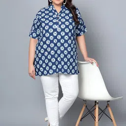 Indietoga Plus Size Floral Printed Mandarin Collar Top image 4