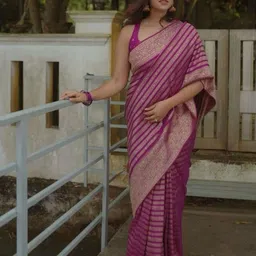 Flosive Striped Woven Design Zari Art Silk Banarasi Saree-image-63