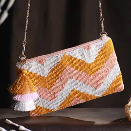 Priyaasi Yellow Geometric Embellished Sling Bag with Tasselled-picture-41