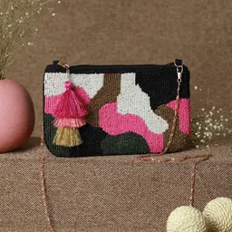 Priyaasi Beaded Black and  pink clutch Bag with Tasselled-image-16
