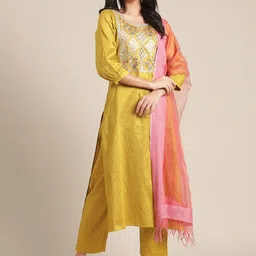Varanga Women Mustard Yellow Embroidered Pure Silk Kurta with Trousers & With Dupatta-picture-25
