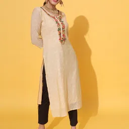 DECKEDUP Floral Printed Thread Work Chanderi Cotton Straight Kurta image 3