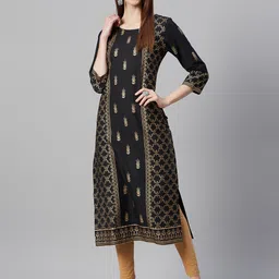 KSUT Women Black & Gold-Toned Printed Straight Kurta-image-5