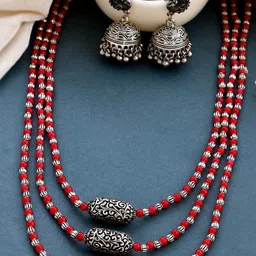Ozanoo Oxidised Silver Plated Long Triple Layer Beaded Mala Jewellery Set image 1