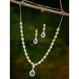 ZENEME Women Gold-Plated White AD-Studded Drop Red Stone Dual Tone Jewelry Set image 1