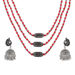 Ozanoo Oxidised Silver Plated Long Triple Layer Beaded Mala Jewellery Set image 2
