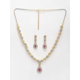 ZENEME Women Gold-Plated White AD-Studded Drop Red Stone Dual Tone Jewelry Set image 2