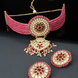 Zaveri Pearls Gold-Plated Pink & White Kundan Studded & Beaded Multistrand Jewellery Set image 1