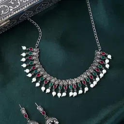 THE AAB STUDIO Oxidised Silver-Plated Stone Studded & Beaded Jewellery Set-picture-34