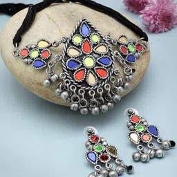 Moedbuille Silver-Plated Mirrors & Ghungroo Studded & Beaded Oxidised Jewellery Set-picture-31