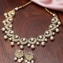 KARATCART Gold-Plated Kundan-Studded & Artificial Pearl Beaded Necklace & Earrings-picture-23