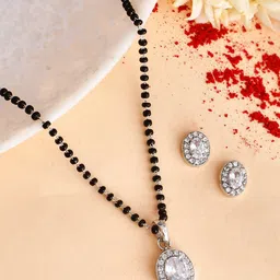 Voylla Rhodium-Plated White Oval Cz Studded Mangalsutra Set-image-49