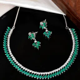 Shoshaa Silver-Plated Green & White Cubic Zirconia Studded Jewellery Set-image-5
