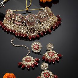 PANASH Gold-Plated Kundan Stone-Studded & Pearl Beaded Jewellery Set-picture-18
