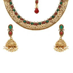 Jewels Galaxy Gold-Plated Red & Green Stone Studded & Beaded Handcrafted Jewellery Set-picture-42