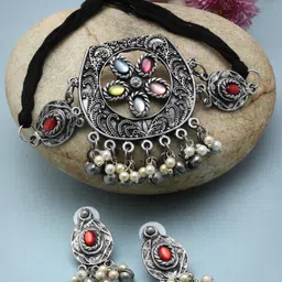 Moedbuille Silver Plated & Stone Studded Jewellery Set-picture-17