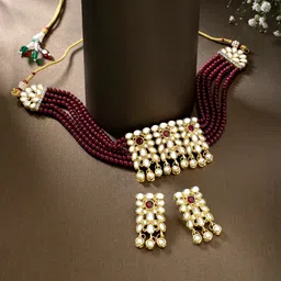Peora Maroon & Gold-Toned Kundan-Studded Pearl Jewellery Set-image-61