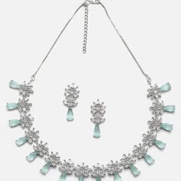 Aazeen Rhodium-Plated American Diamond Brass Jewellery Set-image-7