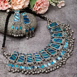 Moedbuille Sliver-Plated Stone-Studded Meenakari Work Tasselled Tribal Jewellery Set-picture-26