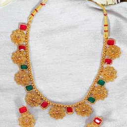 Crunchy Fashion Gold-Plated Red & Green Kundan-Studded Jewellery Set-image-42