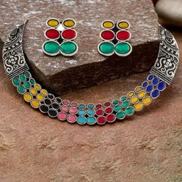 ORANGENYSHA Rhodium-Plated Stone Studded Floral Kempu Choker Oxidised Jewellery Set-picture-35