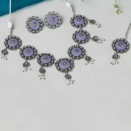 Voylla Silver-Plated Blue & White Stone-Studded & Beaded Jewellery Set-image-9