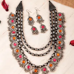 Shoshaa Oxidised Silver-Plated Stone-Studded Beaded Necklace & Earrings-picture-19