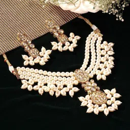 Priyaasi Gold-Plated Floral Pearl-Studded & Beaded Elegant Pattern Jewellery Set-picture-53
